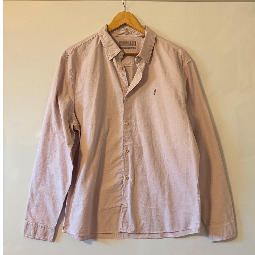 AllSaints Hermosa LS Shirt Mens XL Relaxed Fit Salmon Pink Button Down